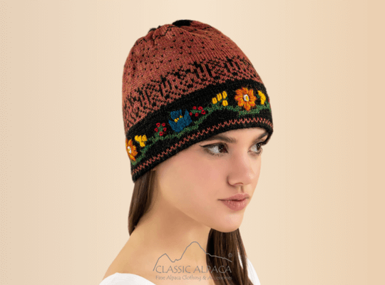 Alpaca Embroidered Leaf Hat - Fleece Lining