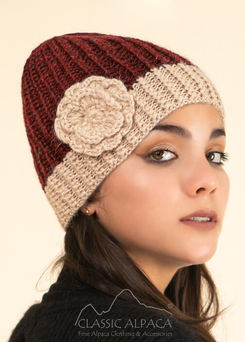 Knitted Alpaca Hat with Flower Bow